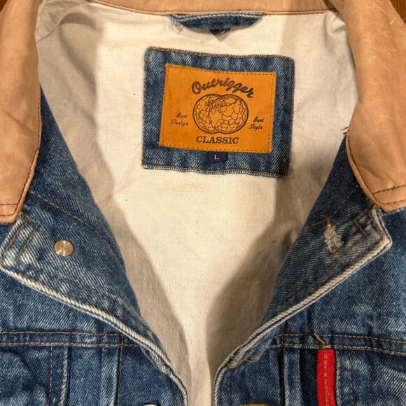 90s Vintage Outrigger Classic Denim Varsity Jacket – 100% Cotton, Leather Trim, - Picture 2 of 7